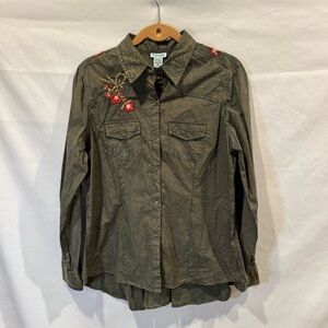Nostalgia Embroidered Western Button-Up Shirt – Olive Green – Size Small